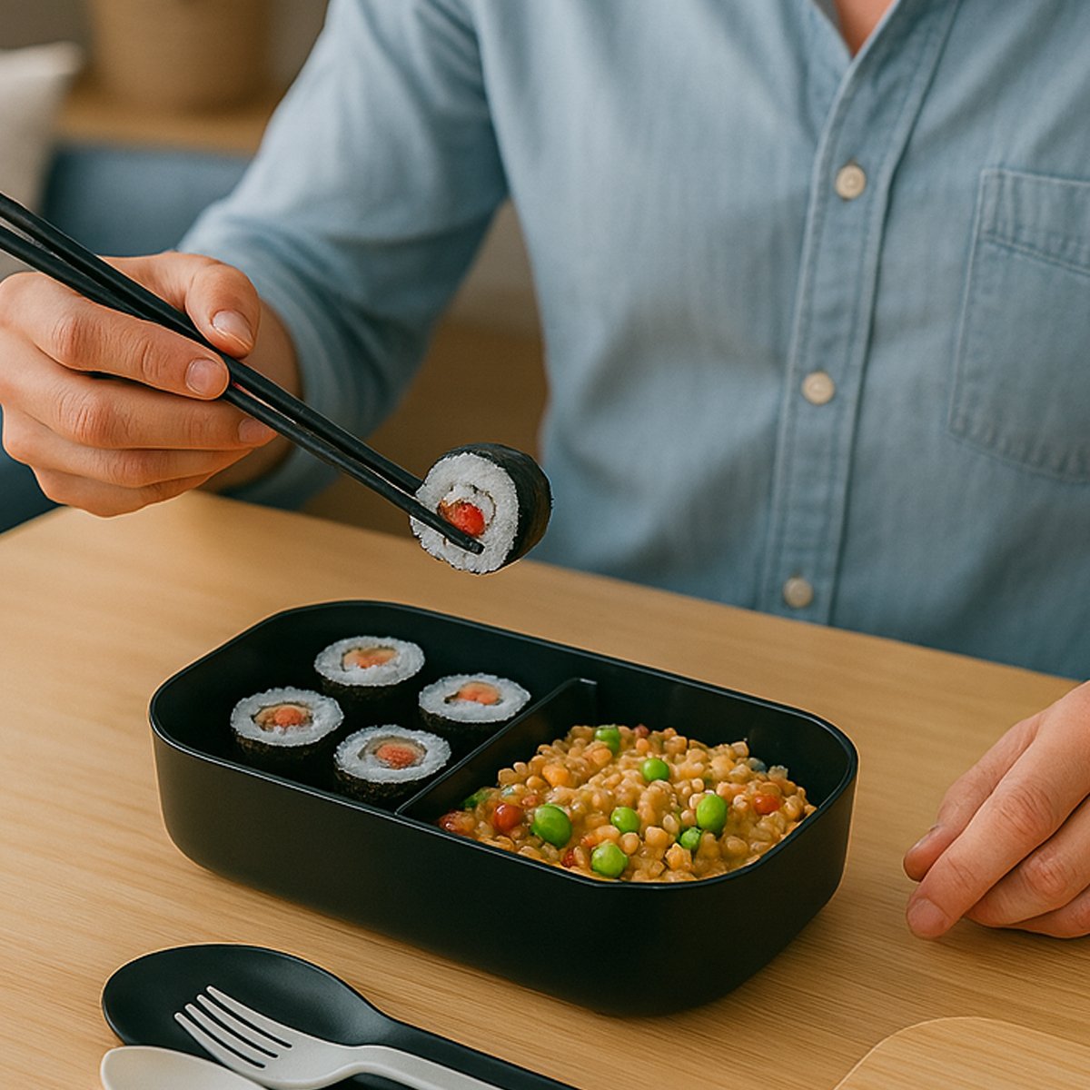 Bento Box With Bamboo Wood Lid - Black