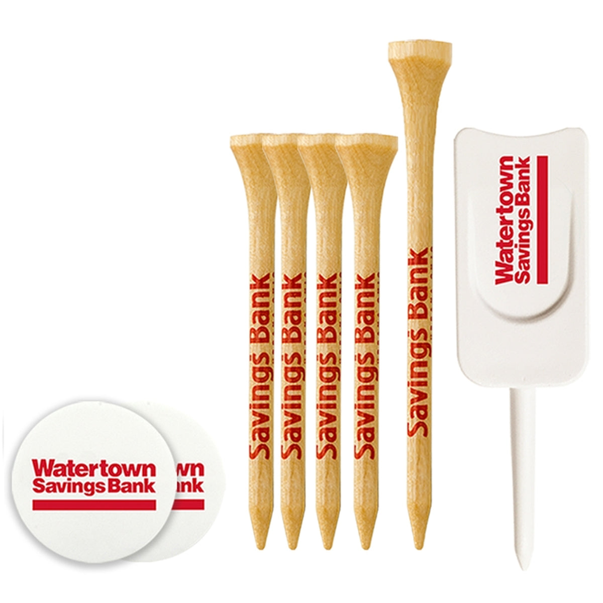 5 Pack of Wood Tees with Ball Markers and Divot Tool